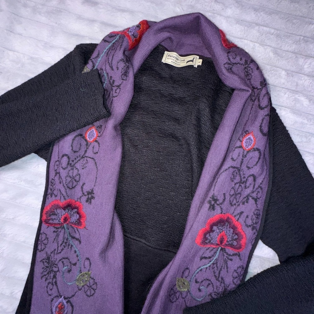 Peruvian‎ Link Alpaca Collection Sweater Womens Large Cardigan Black Floral Knit - Picture 5 of 11